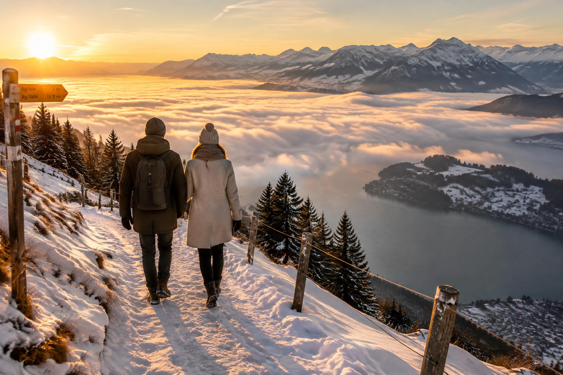 Paar wandert auf verschneitem Winterwanderweg auf der Rigi über dem Nebelmeer, See und Alpenpanorama im Abendlicht